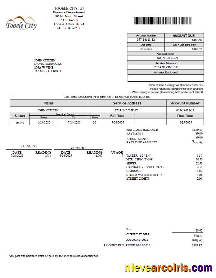 USA Tooele city utility bill